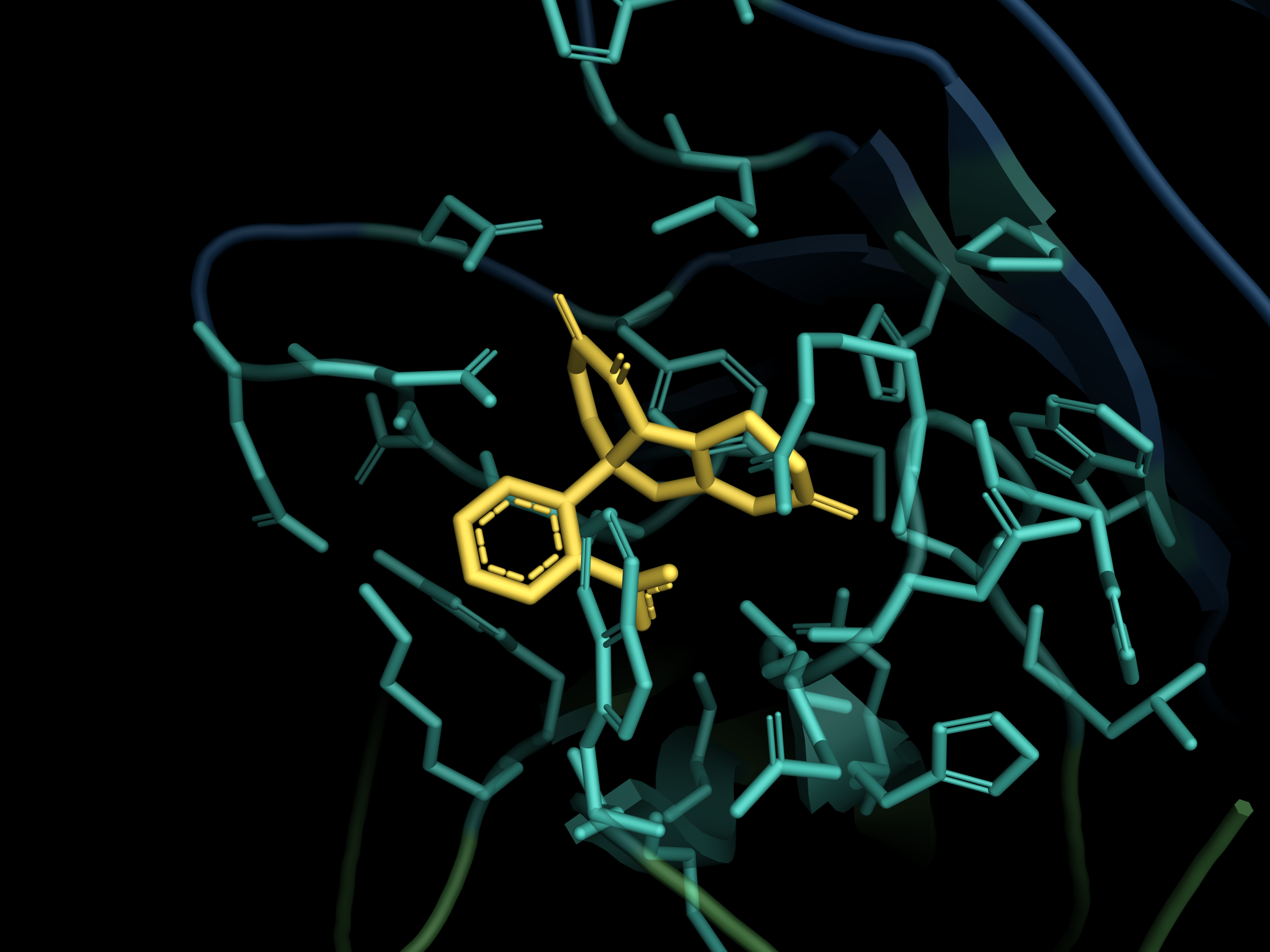 Computed binding pose of a candidate small molecule in an antibody combining site.